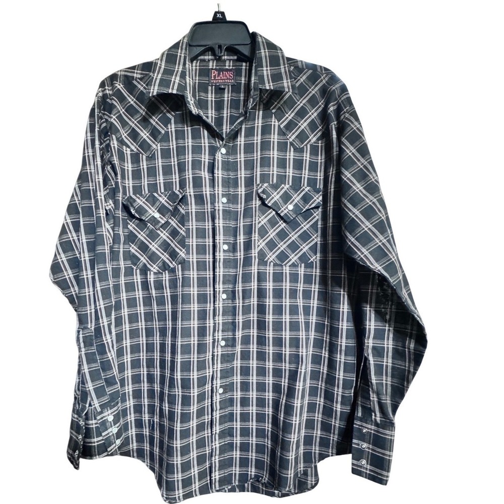 Plains Western Wear Shirt Woven Plaid Black L Vintage Western Pearl Snap